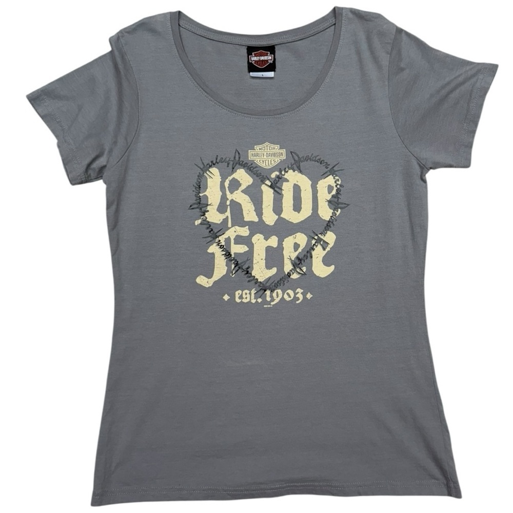 Harley-Davidson Gray “Ride Free” Grand Cayman Women’s T-Shirt Scoop Neck
